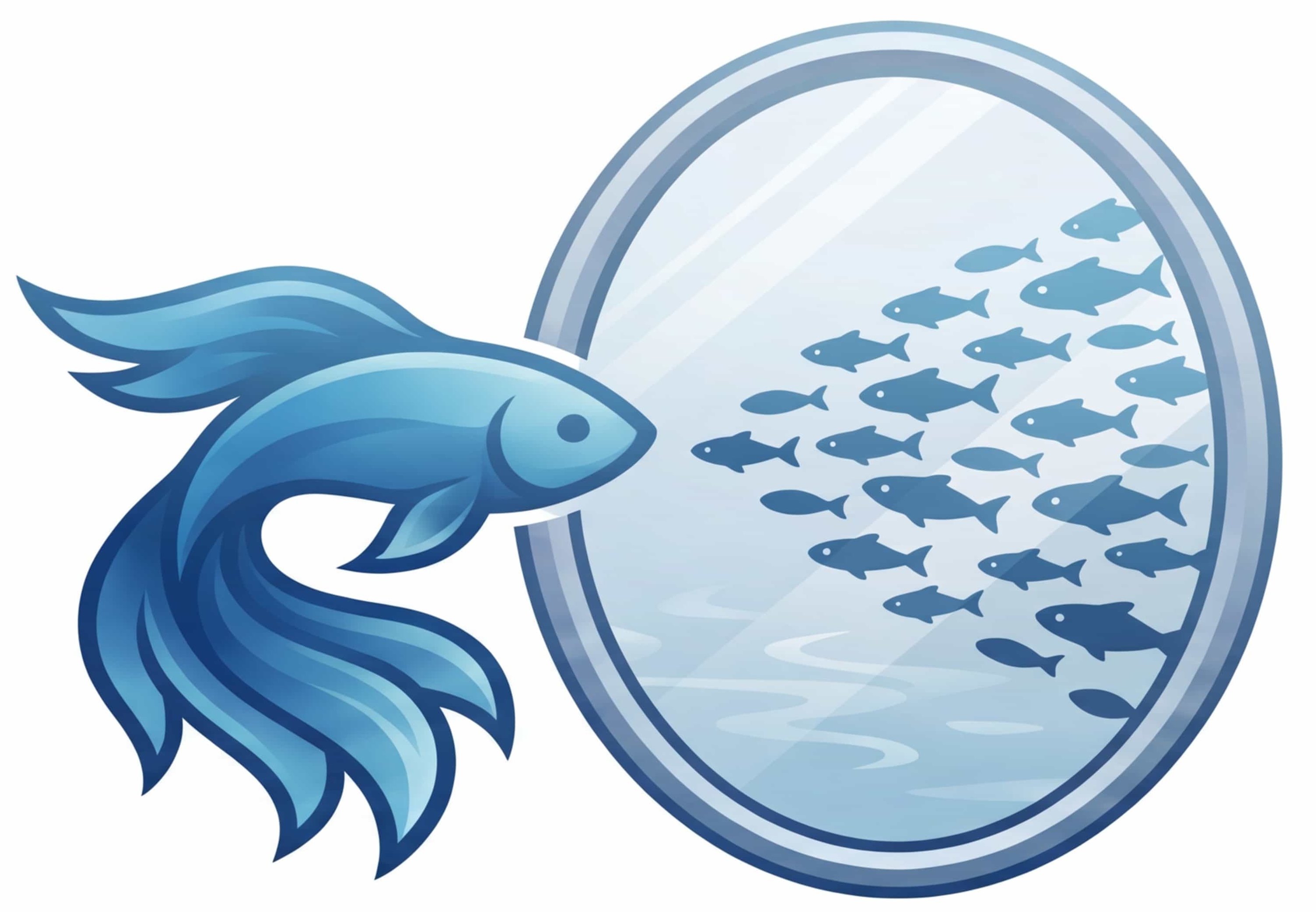 Ein blauer Fisch blickt in einen Spiegel, in dem sich ein ganzer Fischschwarm zeigt.